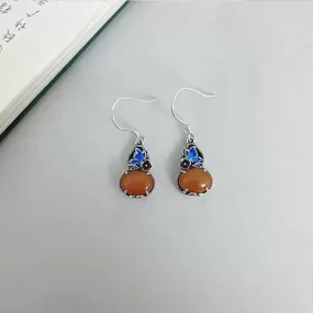 Retro Ethnic Style Butterfly Flower Amber 925 Sterling Earrings