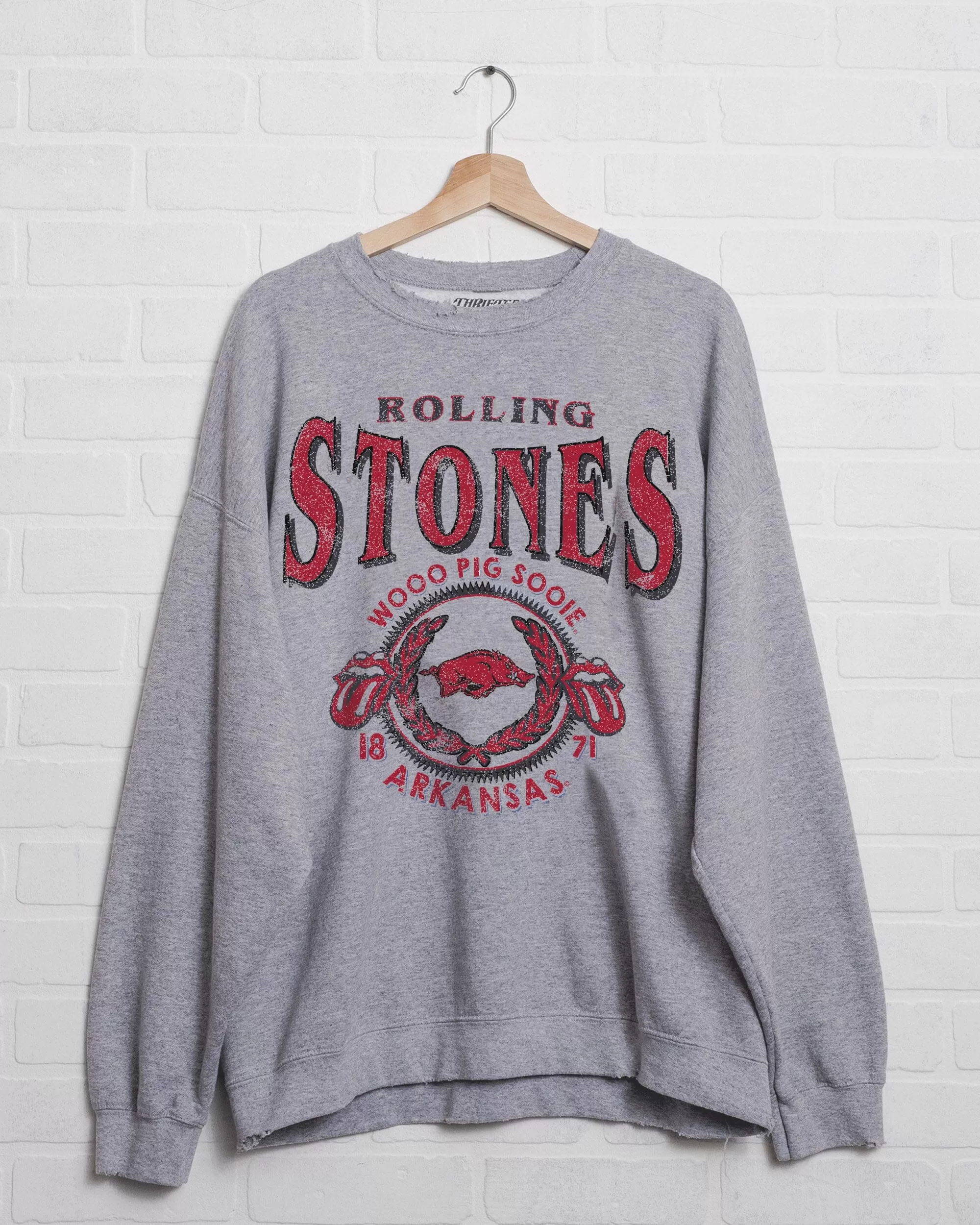 Rolling Stones Arkansas Razorbacks College Seal Gray Thrifted Sweatshirt