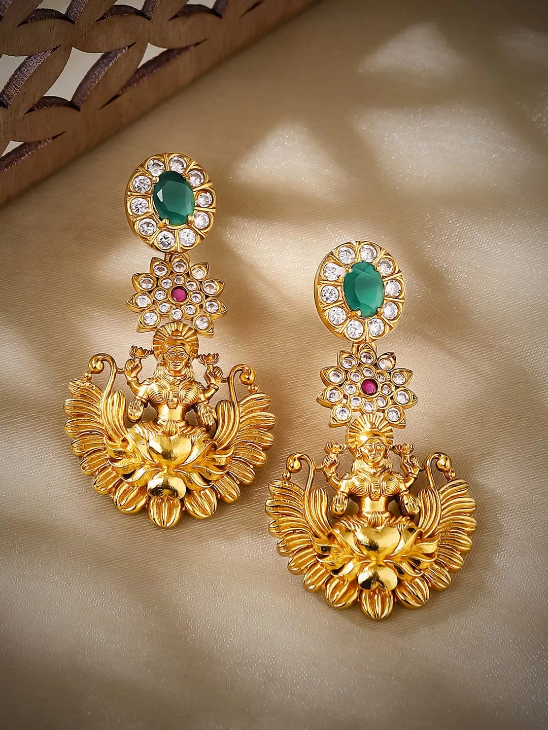 Rubans 24K Gold Plated Emerald Studded Divine Lakshmi Temple Drop Earrings