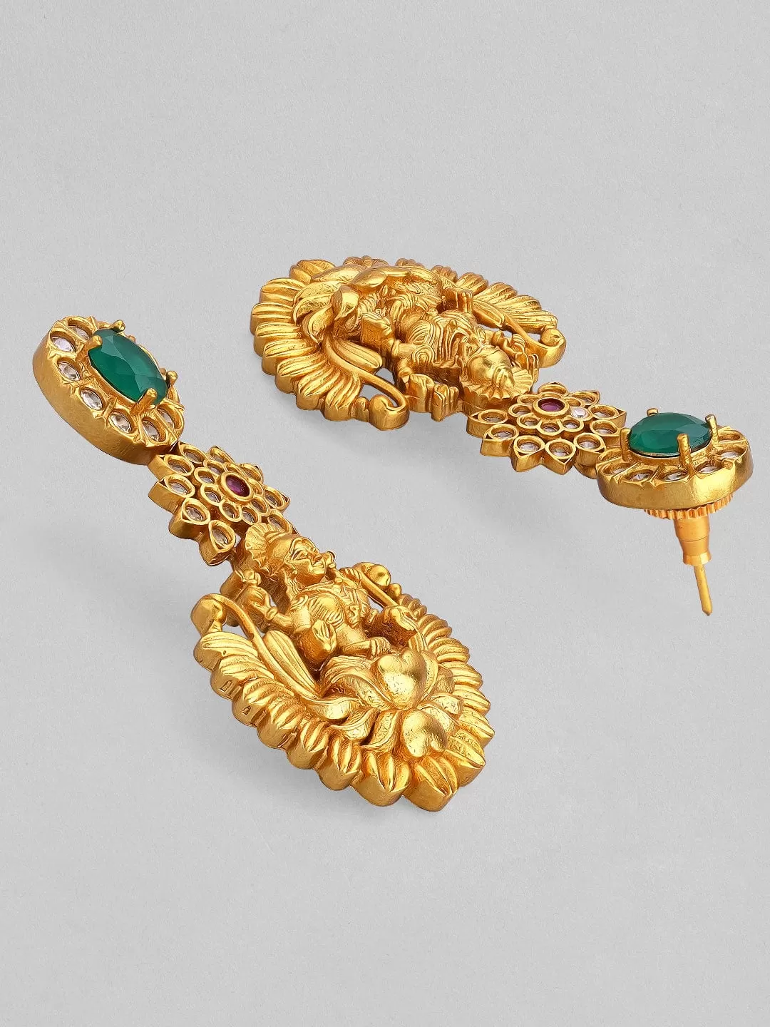 Rubans 24K Gold Plated Emerald Studded Divine Lakshmi Temple Drop Earrings