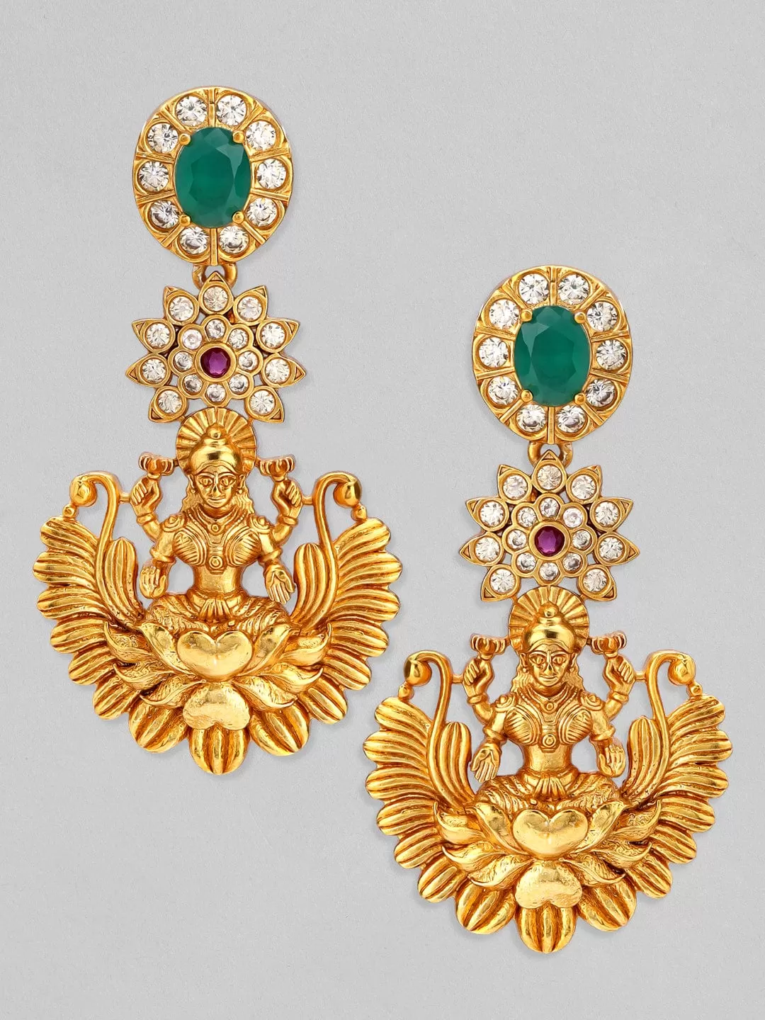 Rubans 24K Gold Plated Emerald Studded Divine Lakshmi Temple Drop Earrings