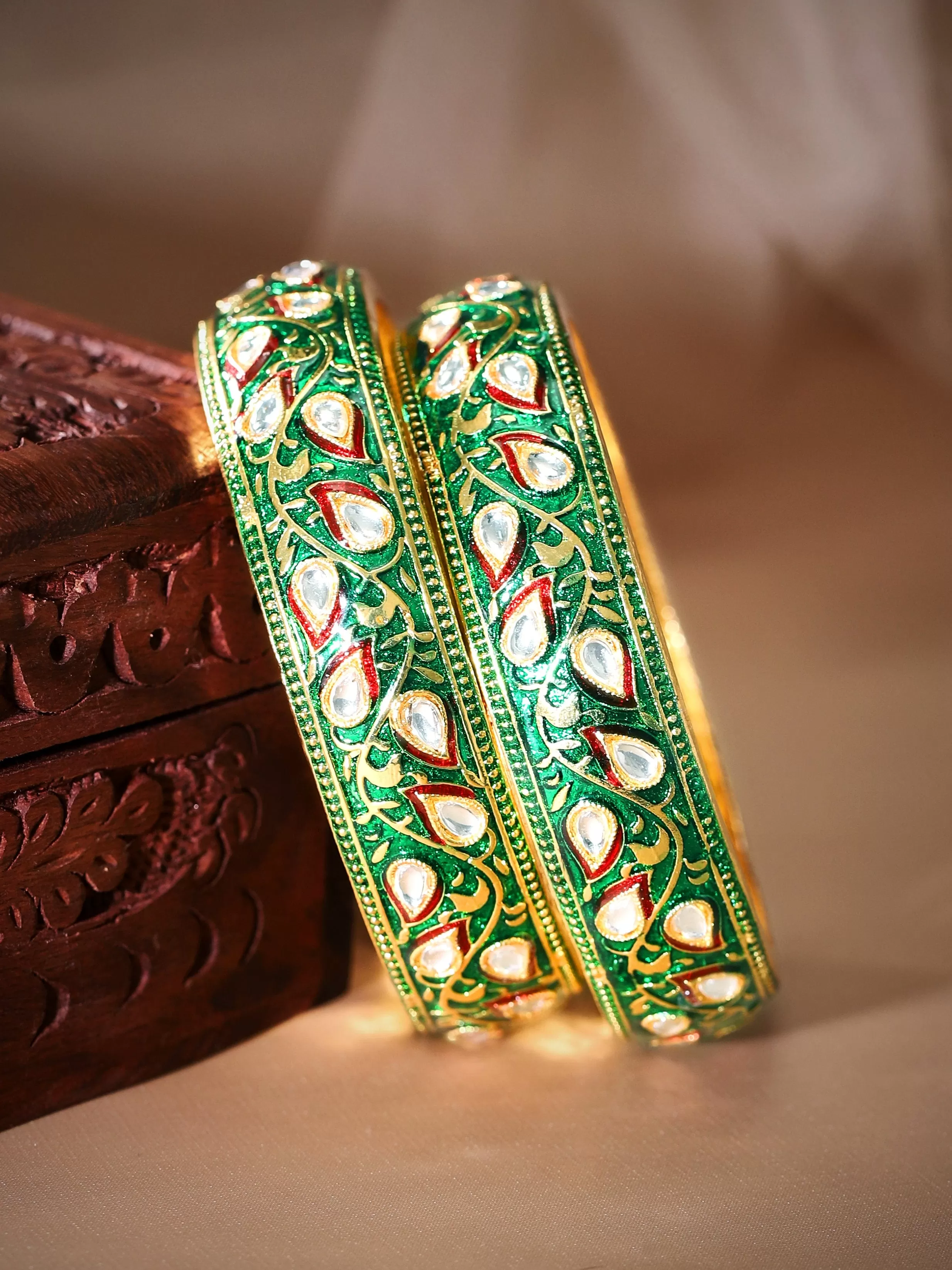 Rubans 24K Gold Plated Kundan Studded Green & Red Enamel Bangles