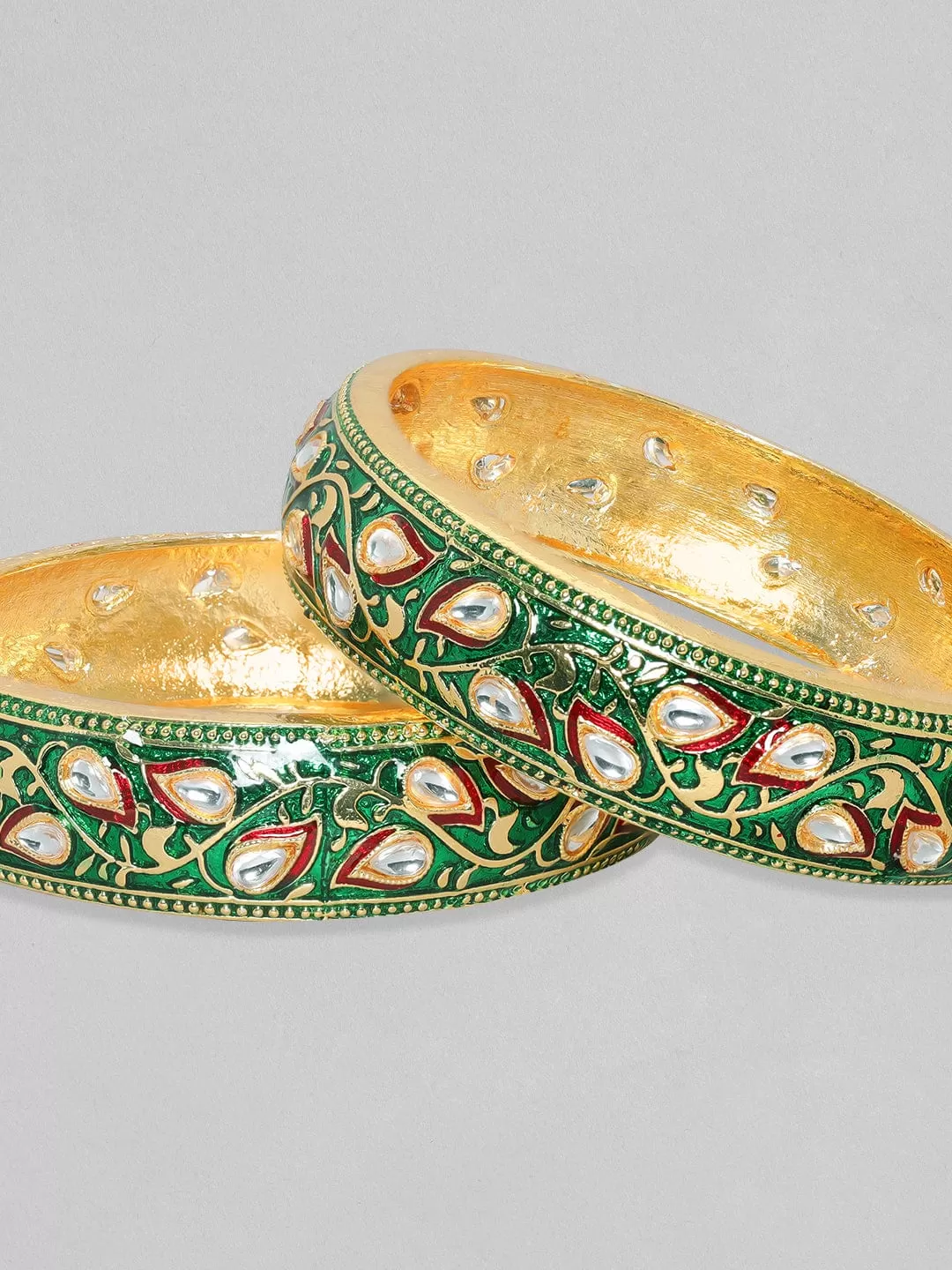 Rubans 24K Gold Plated Kundan Studded Green & Red Enamel Bangles