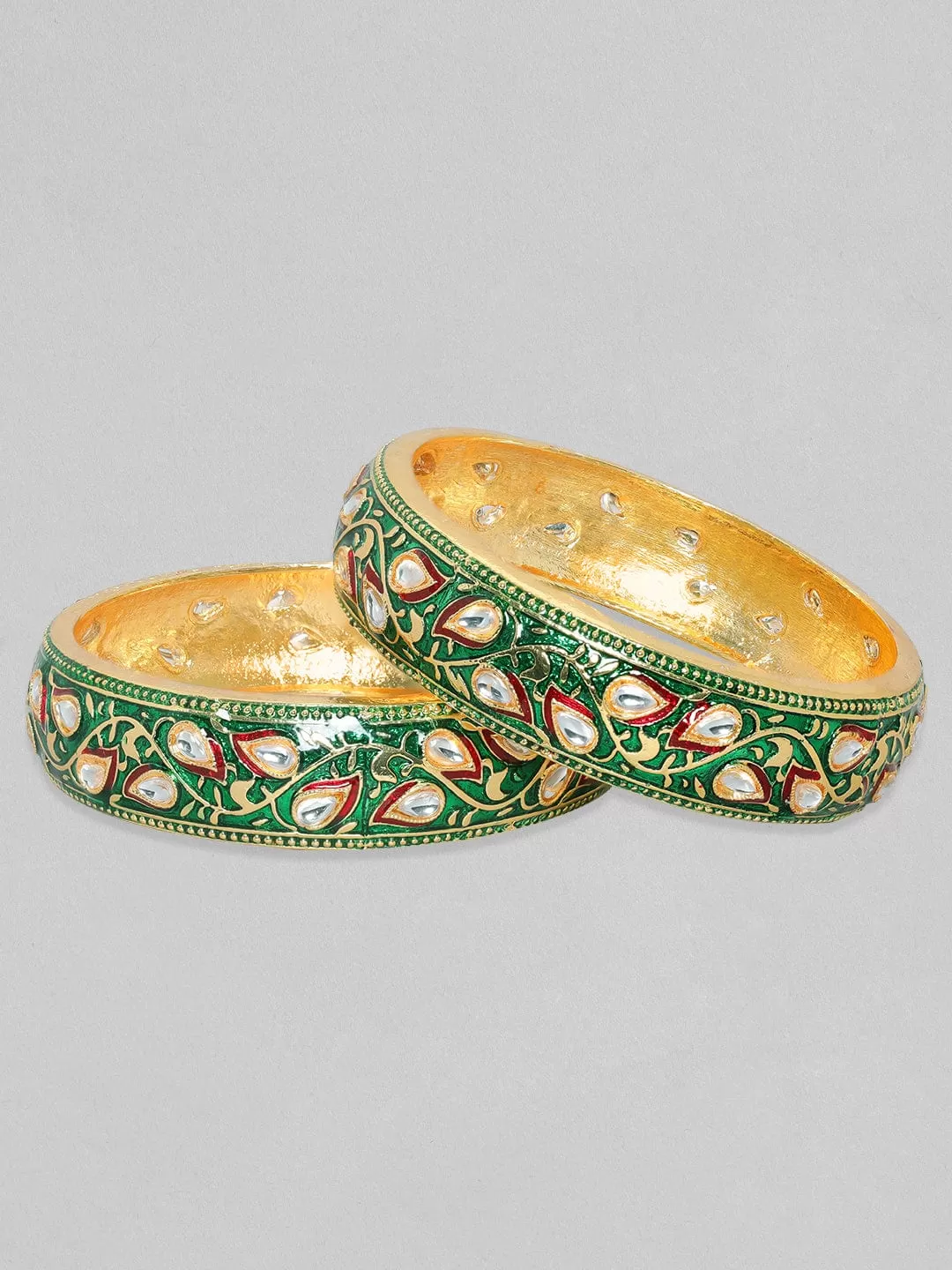 Rubans 24K Gold Plated Kundan Studded Green & Red Enamel Bangles