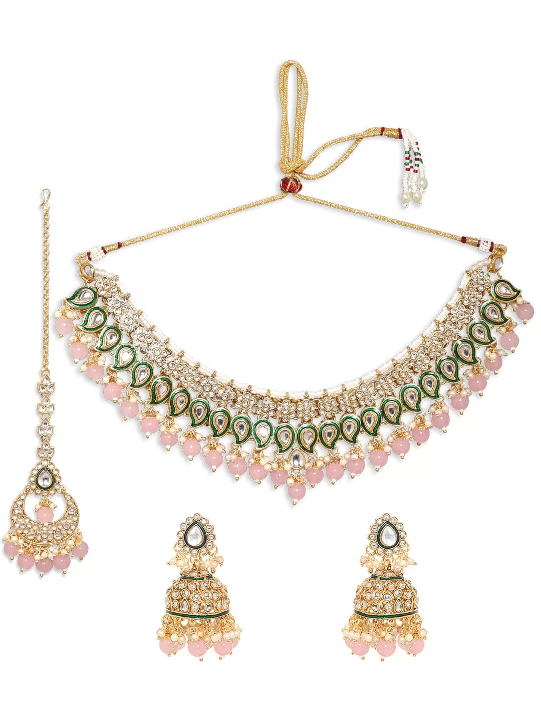 Rubans 24K Gold Plated Kundan Studded Green Enemal Pink Beaded Jewellery Set