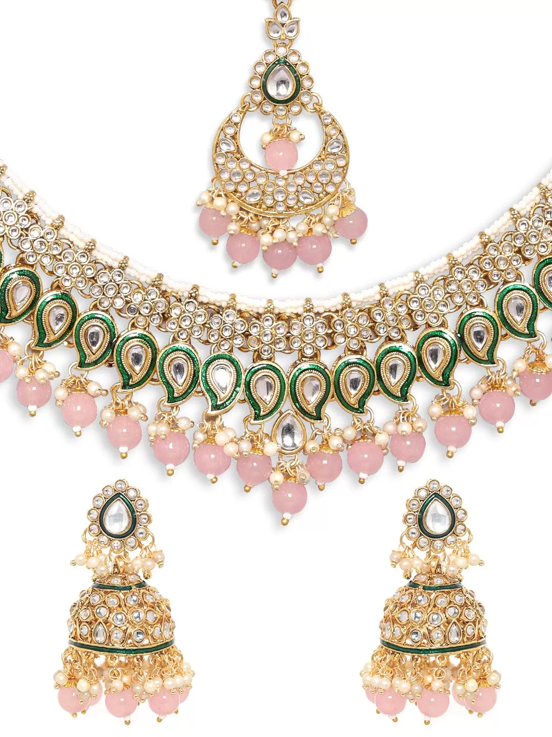 Rubans 24K Gold Plated Kundan Studded Green Enemal Pink Beaded Jewellery Set