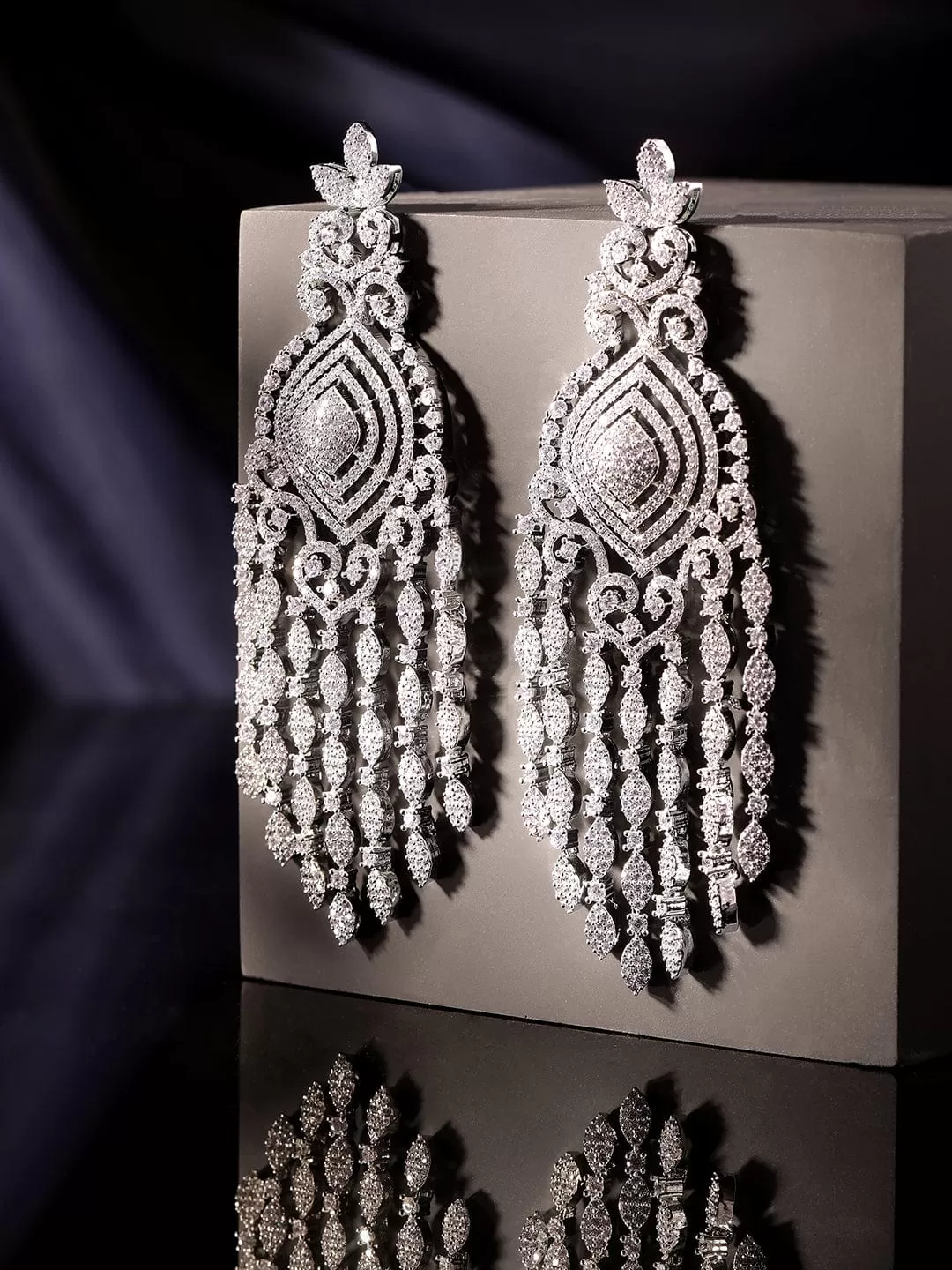 Rubans Ethereal Sparkle Rhodium Plated Zirconia Studded Chandelier Earrings