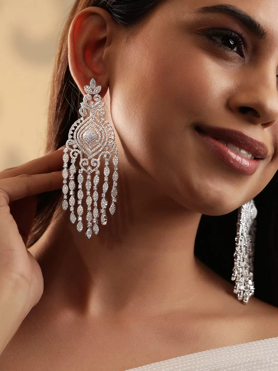 Rubans Ethereal Sparkle Rhodium Plated Zirconia Studded Chandelier Earrings