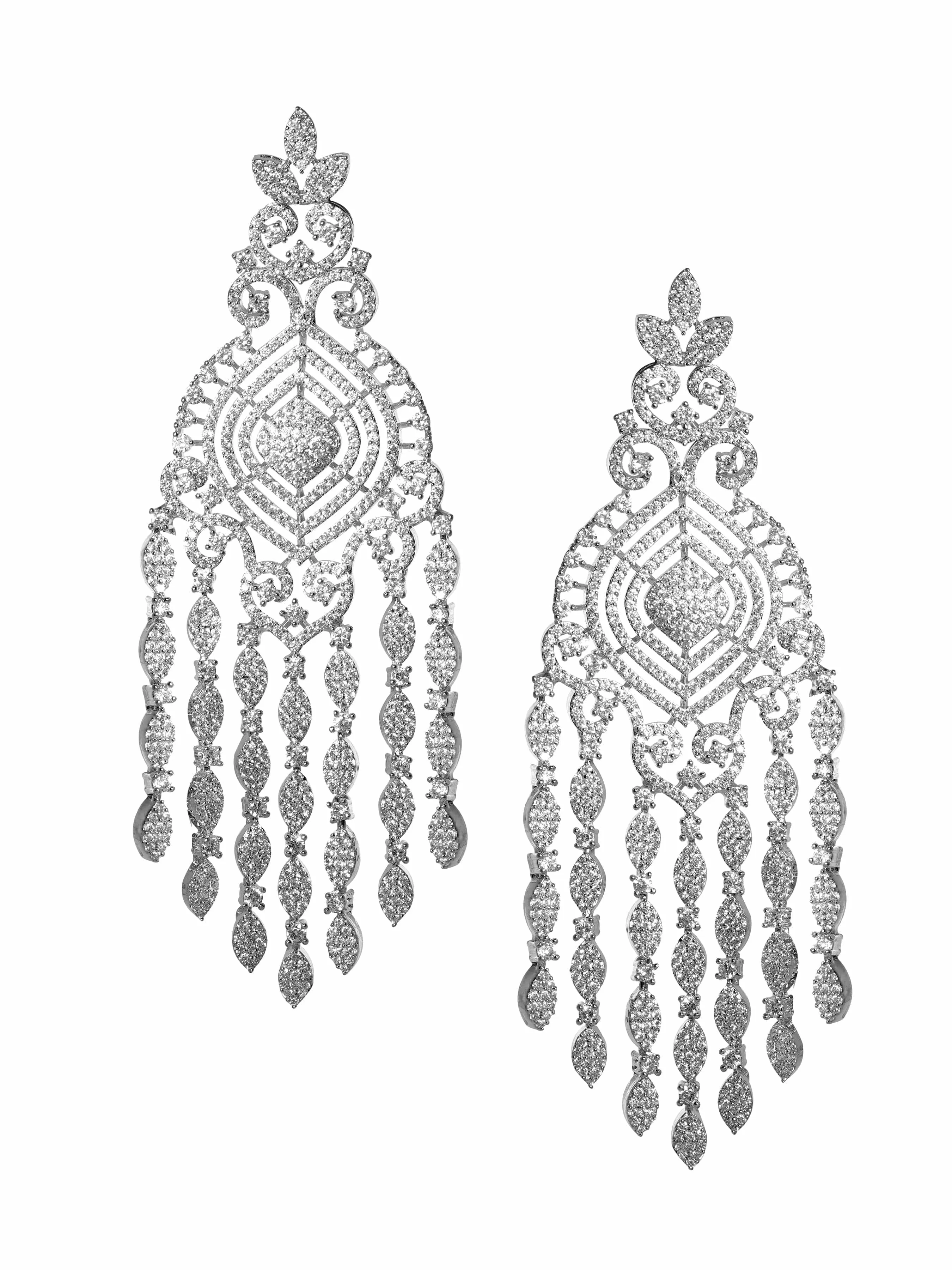 Rubans Ethereal Sparkle Rhodium Plated Zirconia Studded Chandelier Earrings