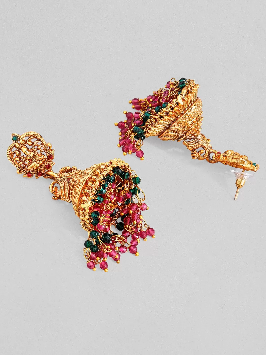 Rubans Gold Plated Pink & Green Beads Hangings Jhumka Earrings Set.