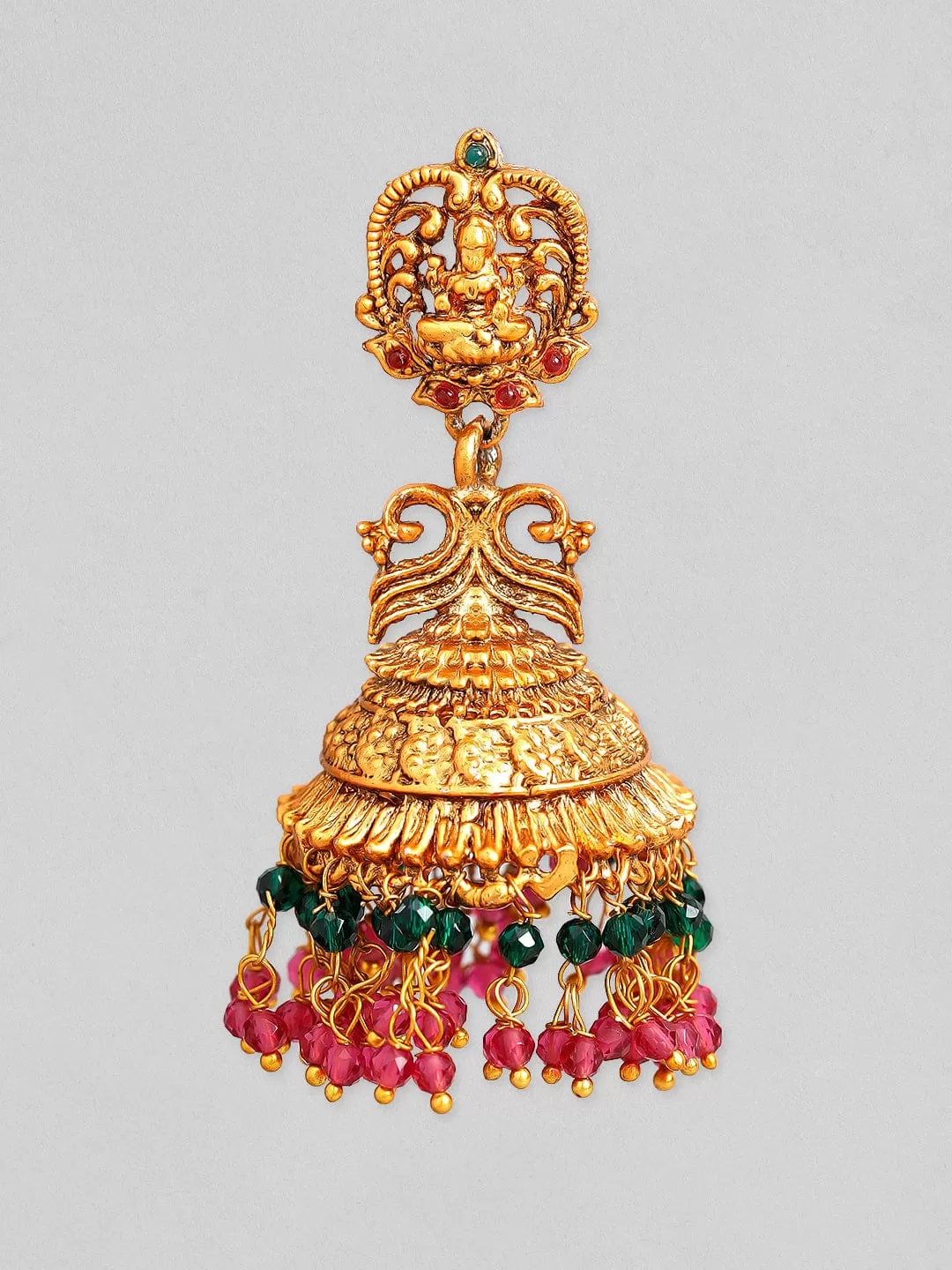 Rubans Gold Plated Pink & Green Beads Hangings Jhumka Earrings Set.