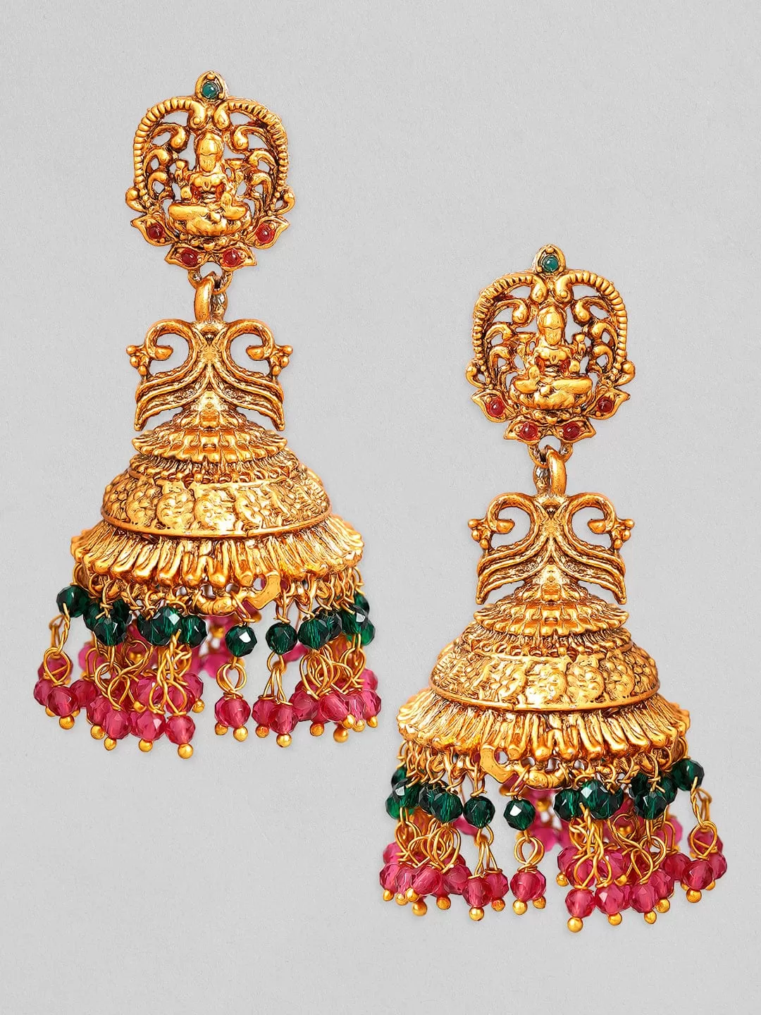 Rubans Gold Plated Pink & Green Beads Hangings Jhumka Earrings Set.