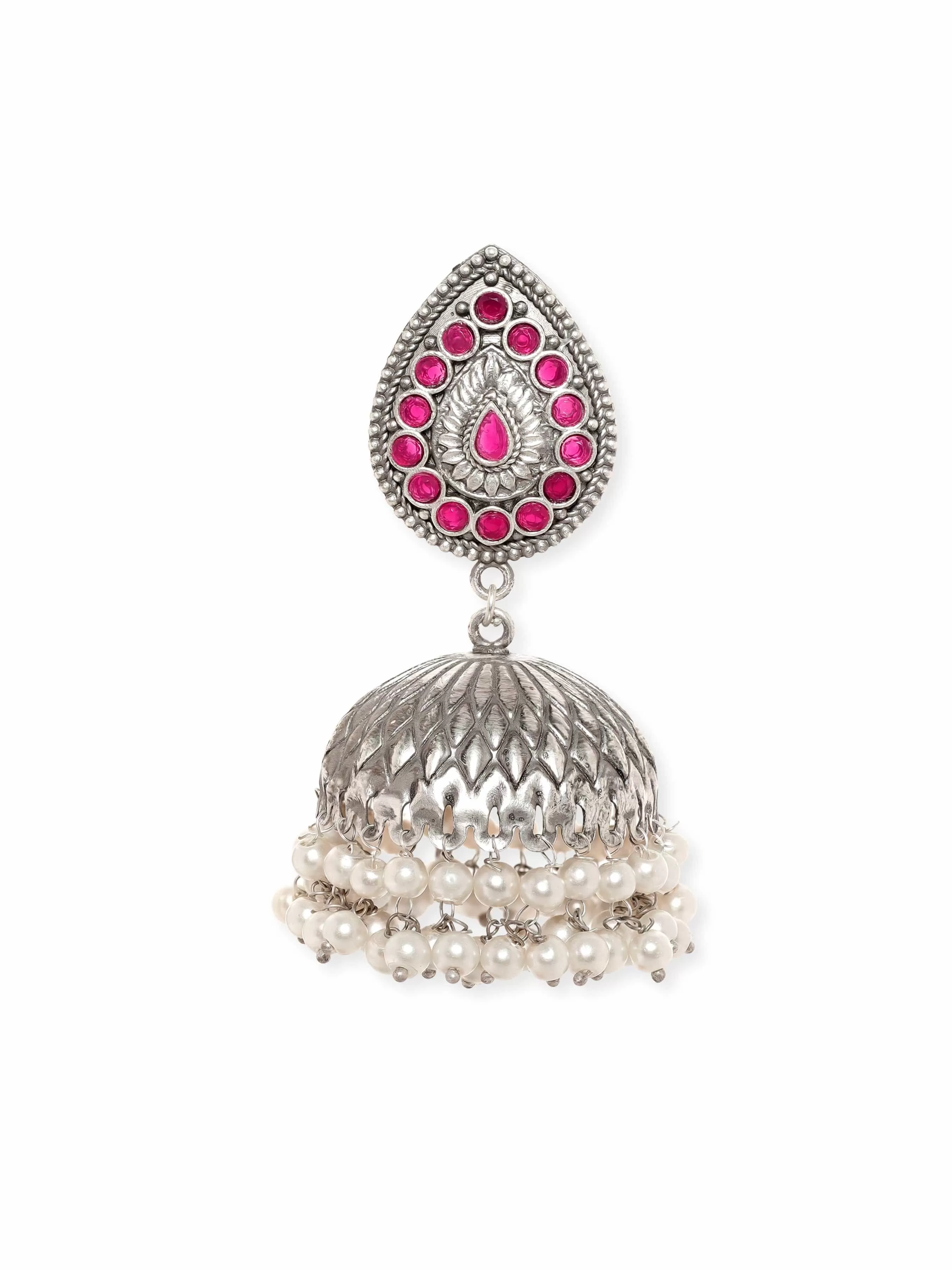 Rubans Radiant Silver & Pink Stone Oxidized Jhumka Earrings