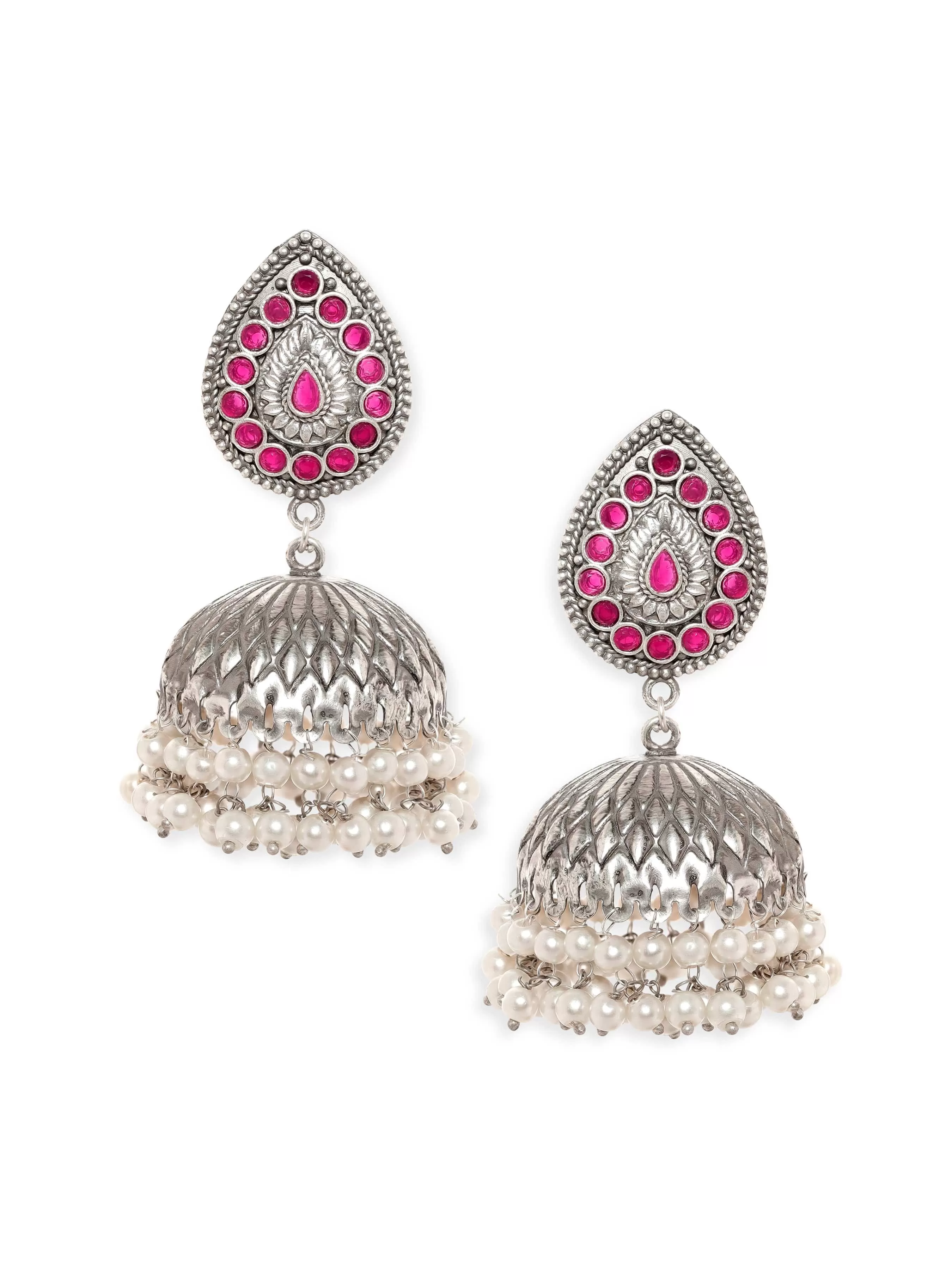 Rubans Radiant Silver & Pink Stone Oxidized Jhumka Earrings