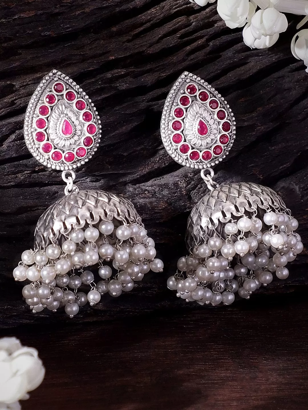 Rubans Radiant Silver & Pink Stone Oxidized Jhumka Earrings