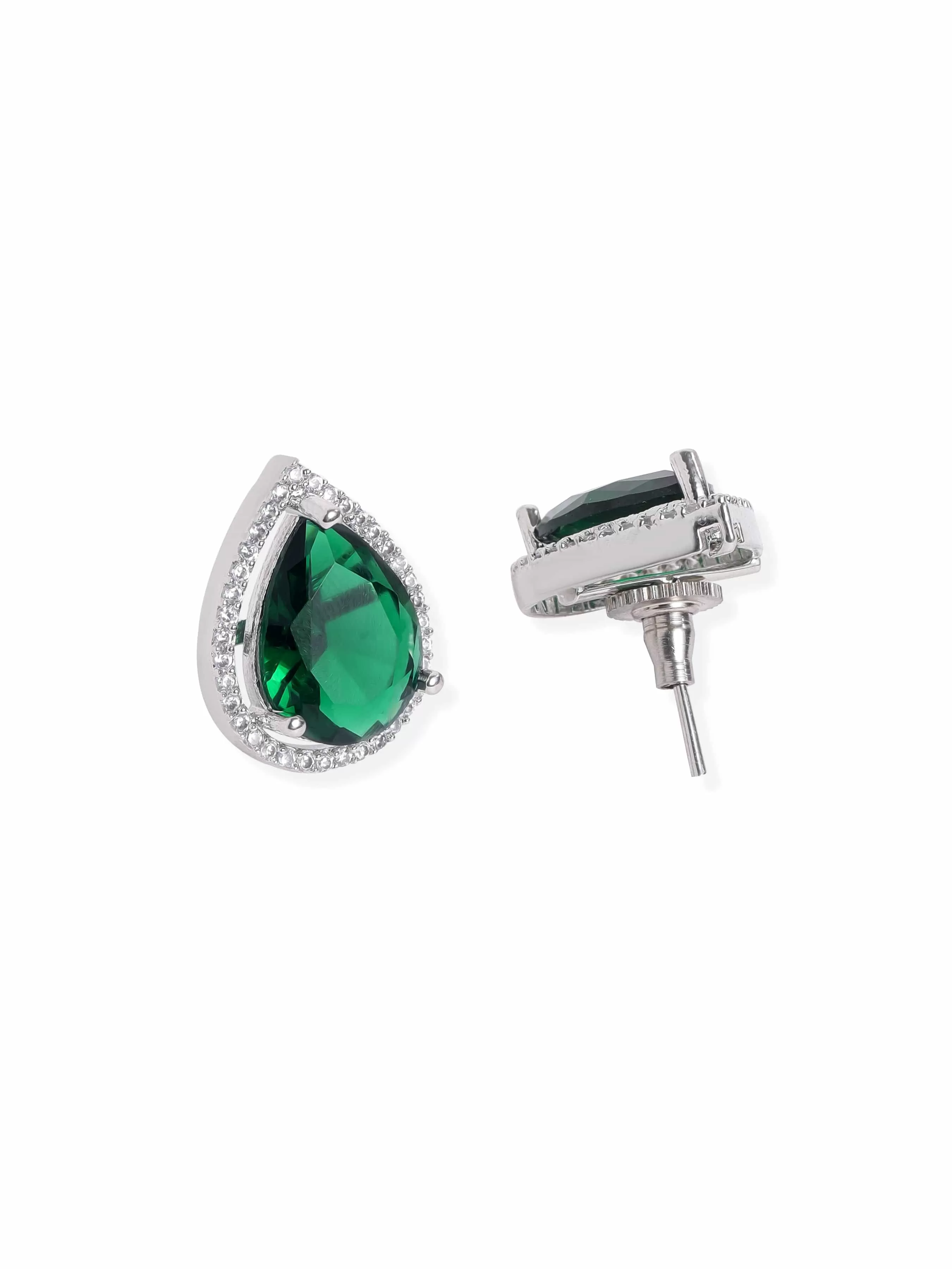 Rubans Rhodium plated Emerald green Zirconia studded teardrop Zirconia stud earring