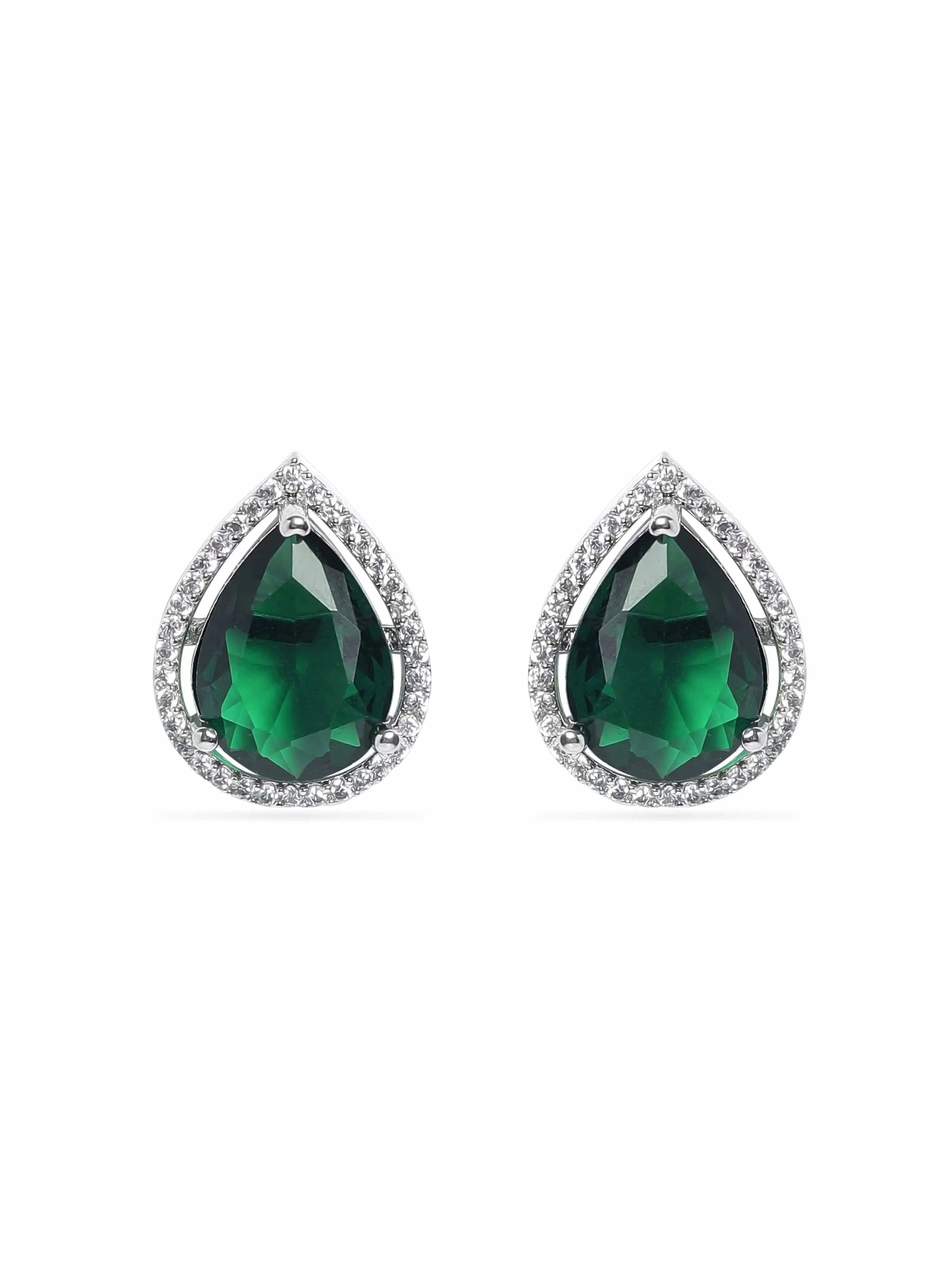 Rubans Rhodium plated Emerald green Zirconia studded teardrop Zirconia stud earring