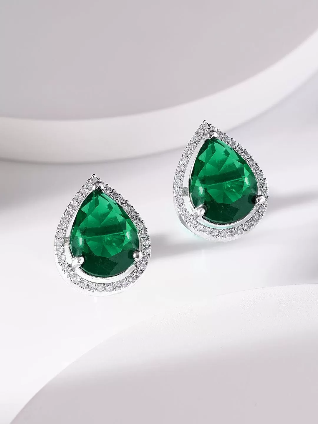 Rubans Rhodium plated Emerald green Zirconia studded teardrop Zirconia stud earring