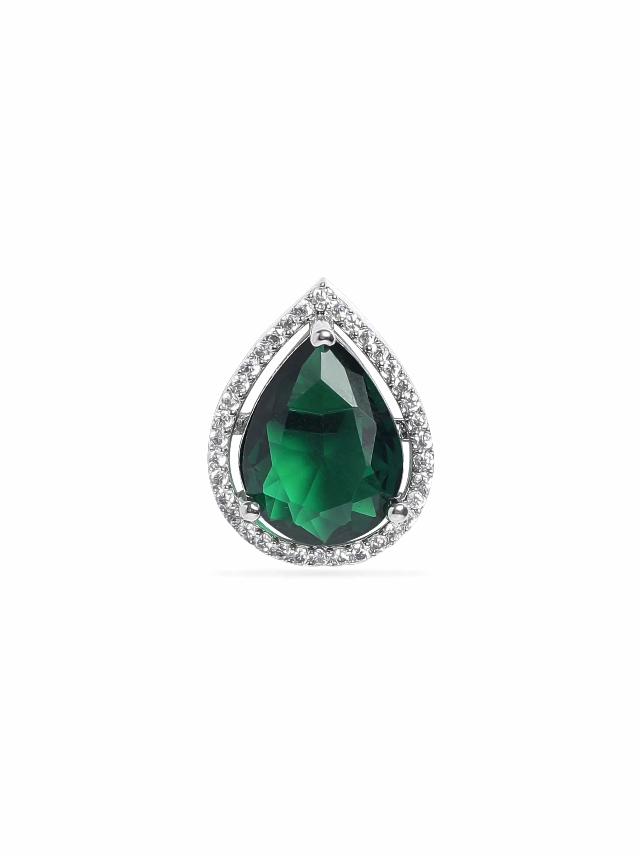 Rubans Rhodium plated Emerald green Zirconia studded teardrop Zirconia stud earring