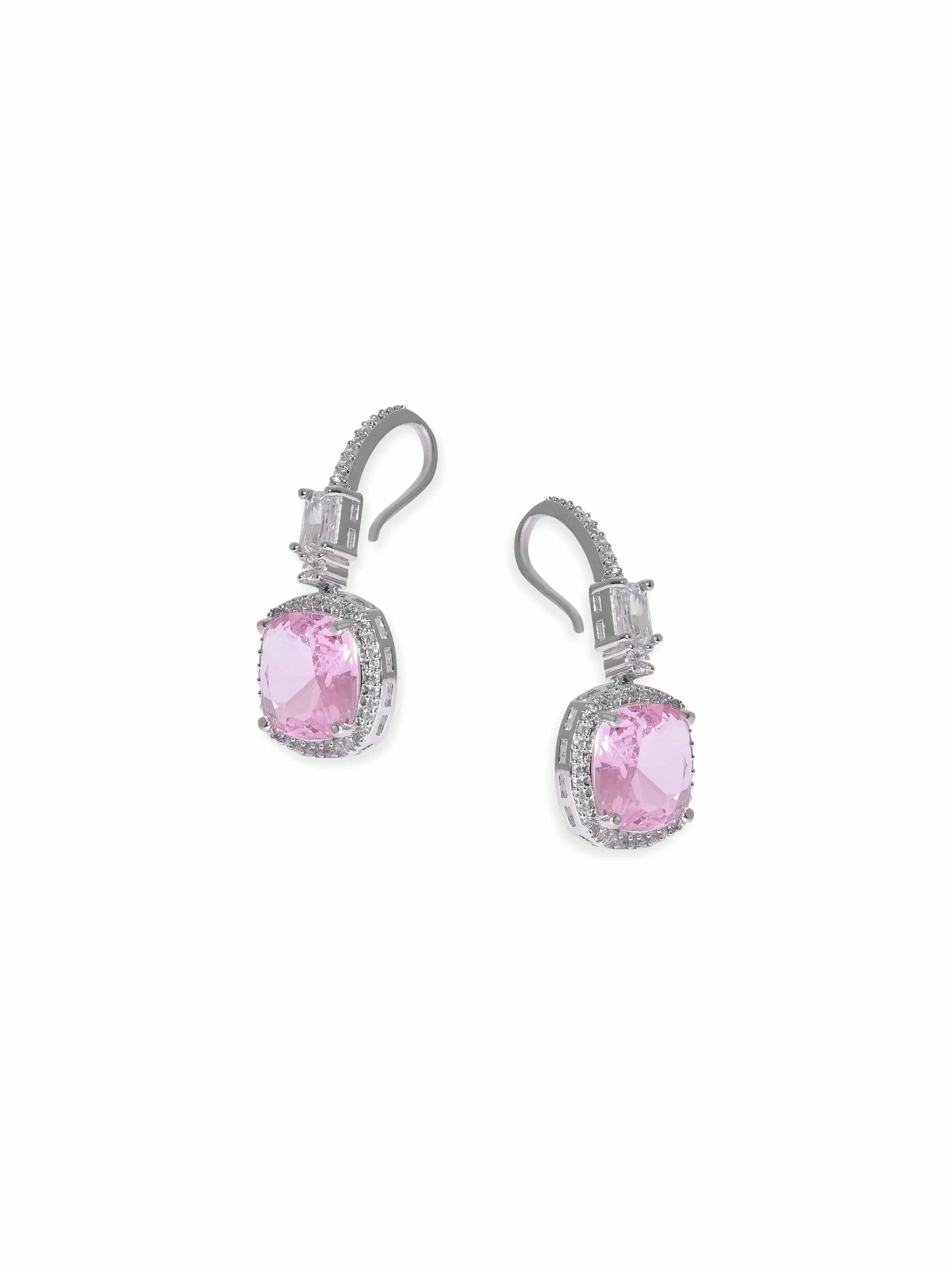 Rubans Rhodium Plated Pink Zirconia Cushion Cut Classy Drop Earring