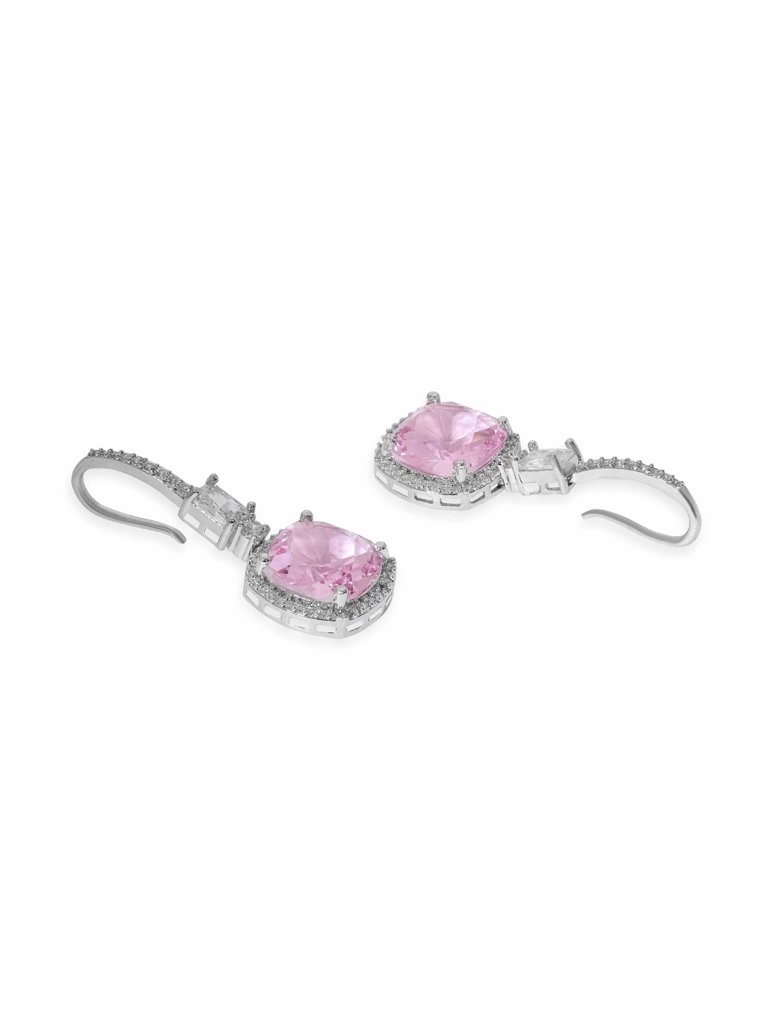 Rubans Rhodium Plated Pink Zirconia Cushion Cut Classy Drop Earring