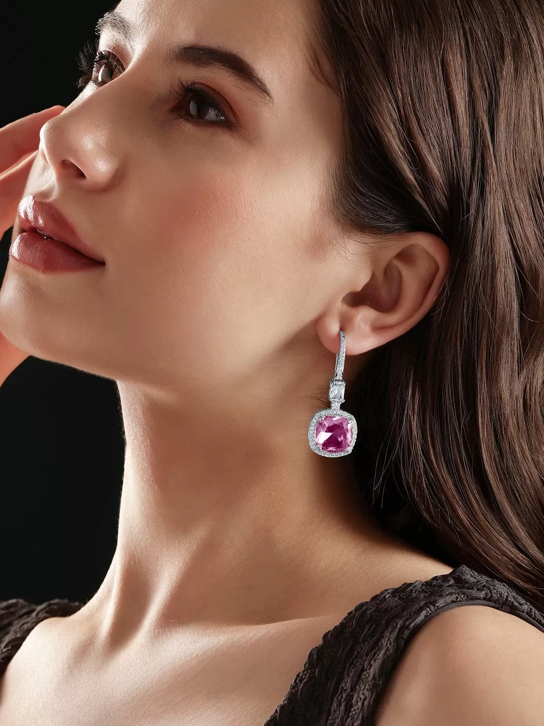 Rubans Rhodium Plated Pink Zirconia Cushion Cut Classy Drop Earring