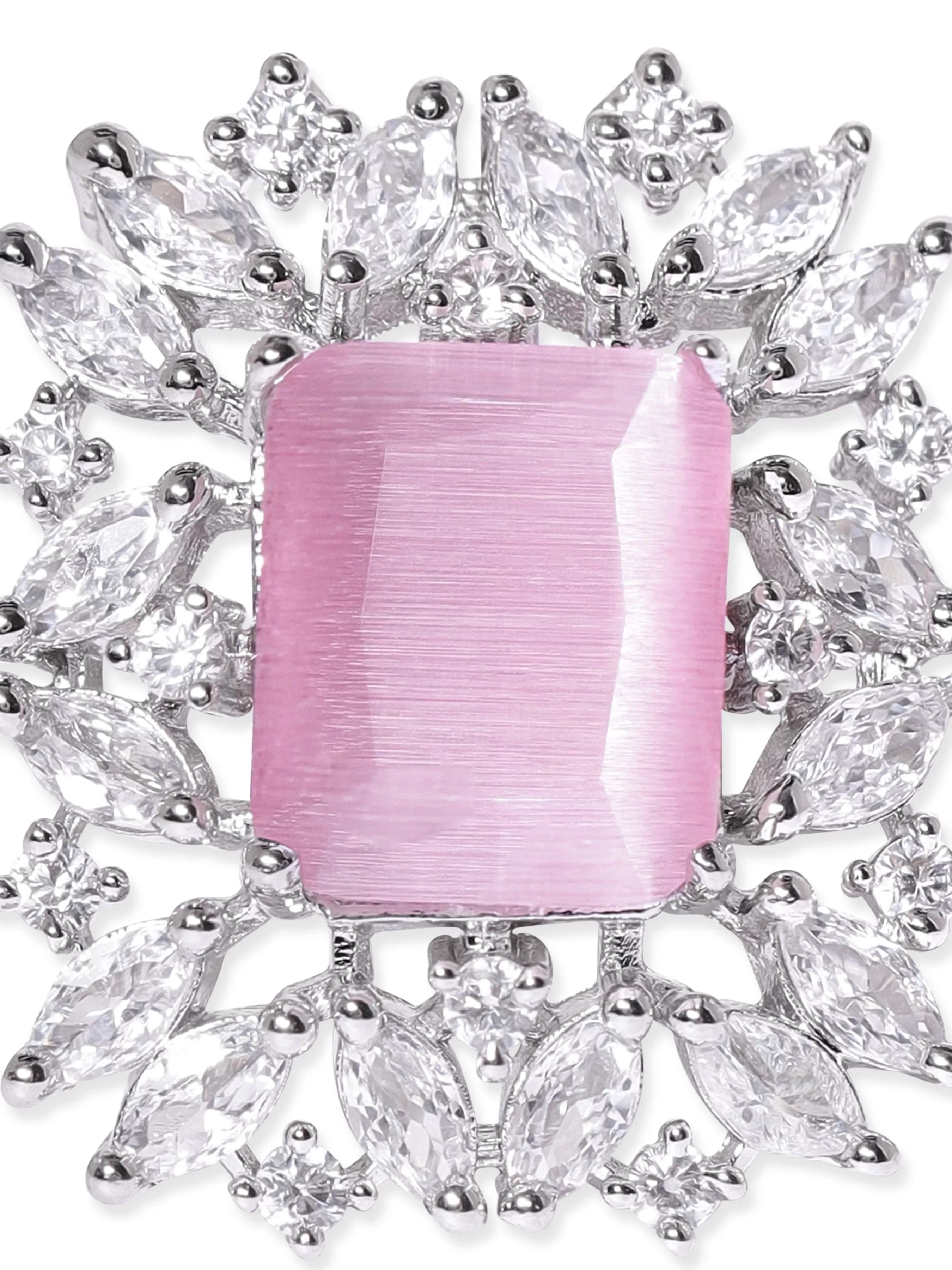 Rubans Rhodium plated pink zirconia studded Statement Ring