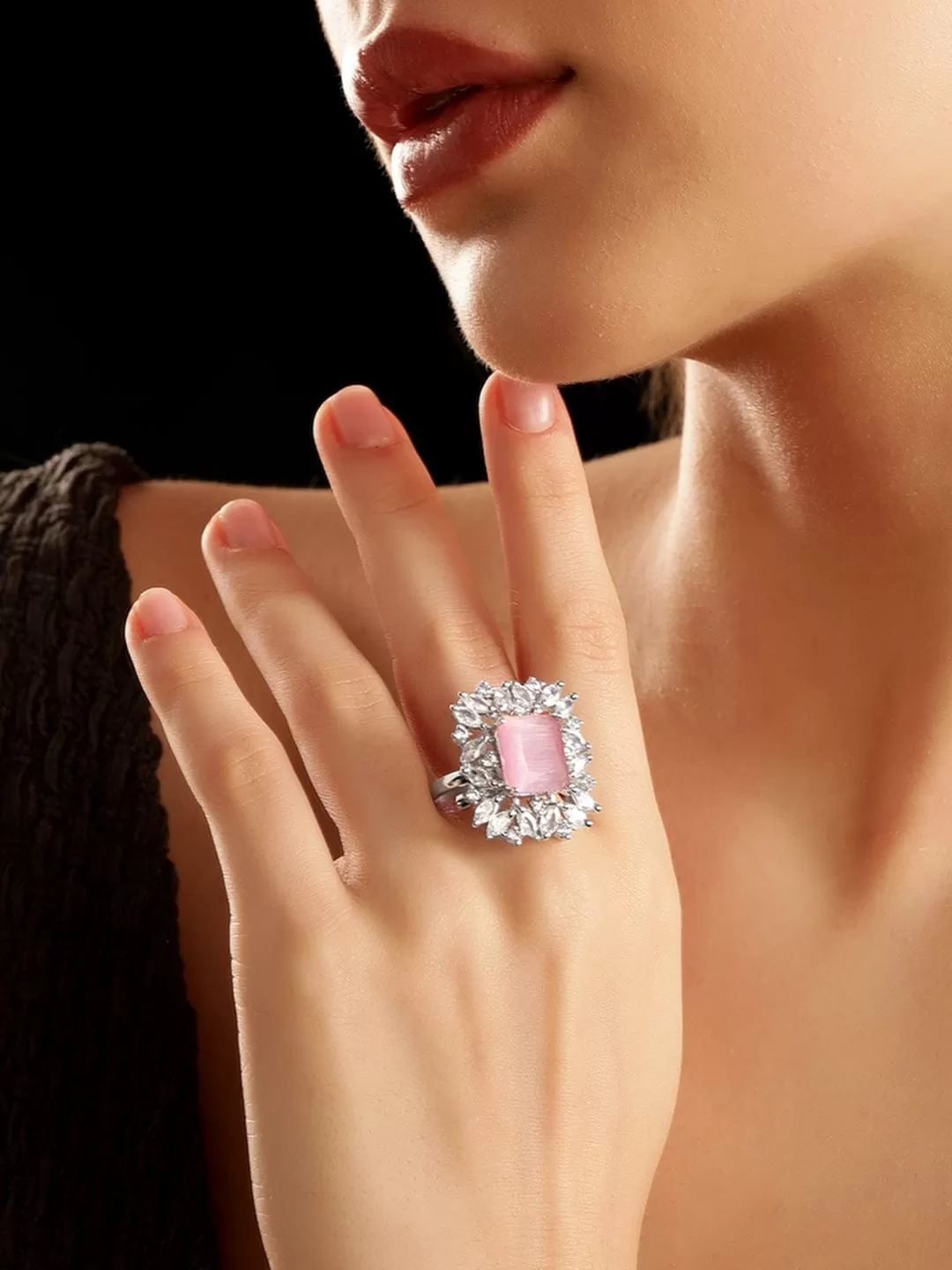 Rubans Rhodium plated pink zirconia studded Statement Ring