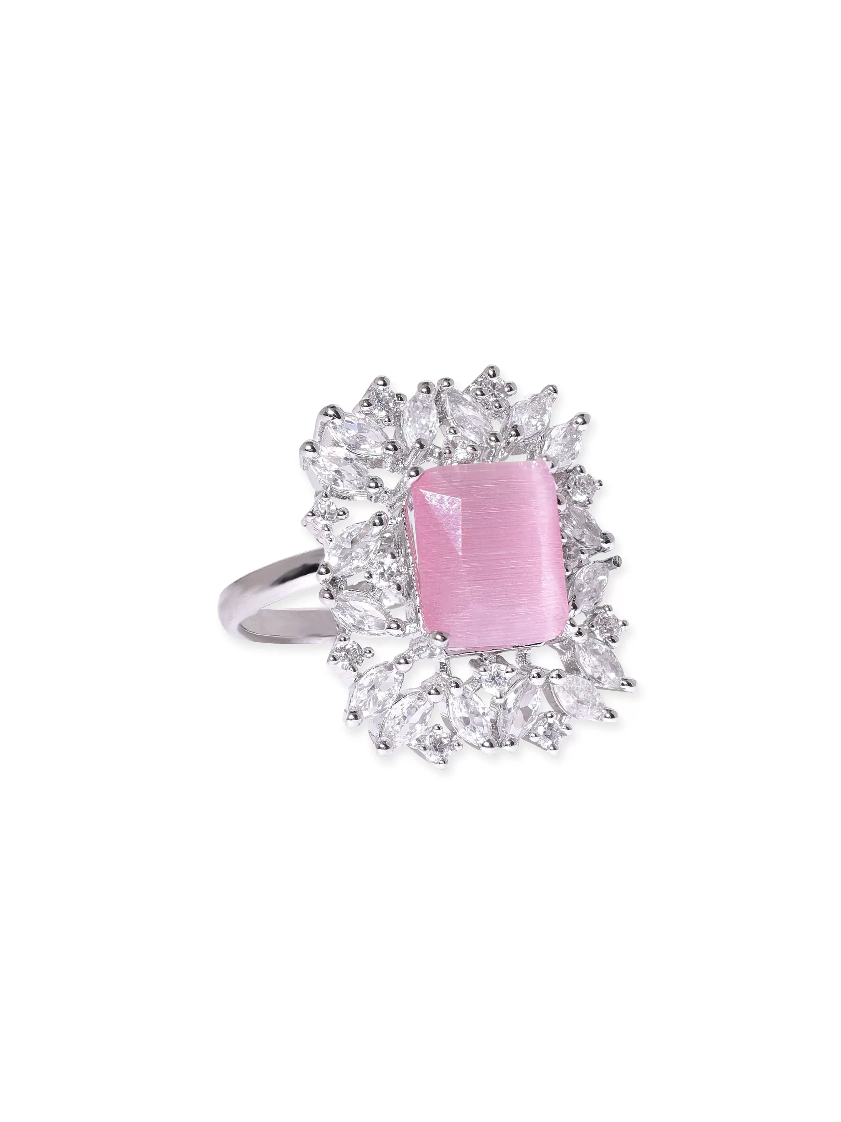 Rubans Rhodium plated pink zirconia studded Statement Ring