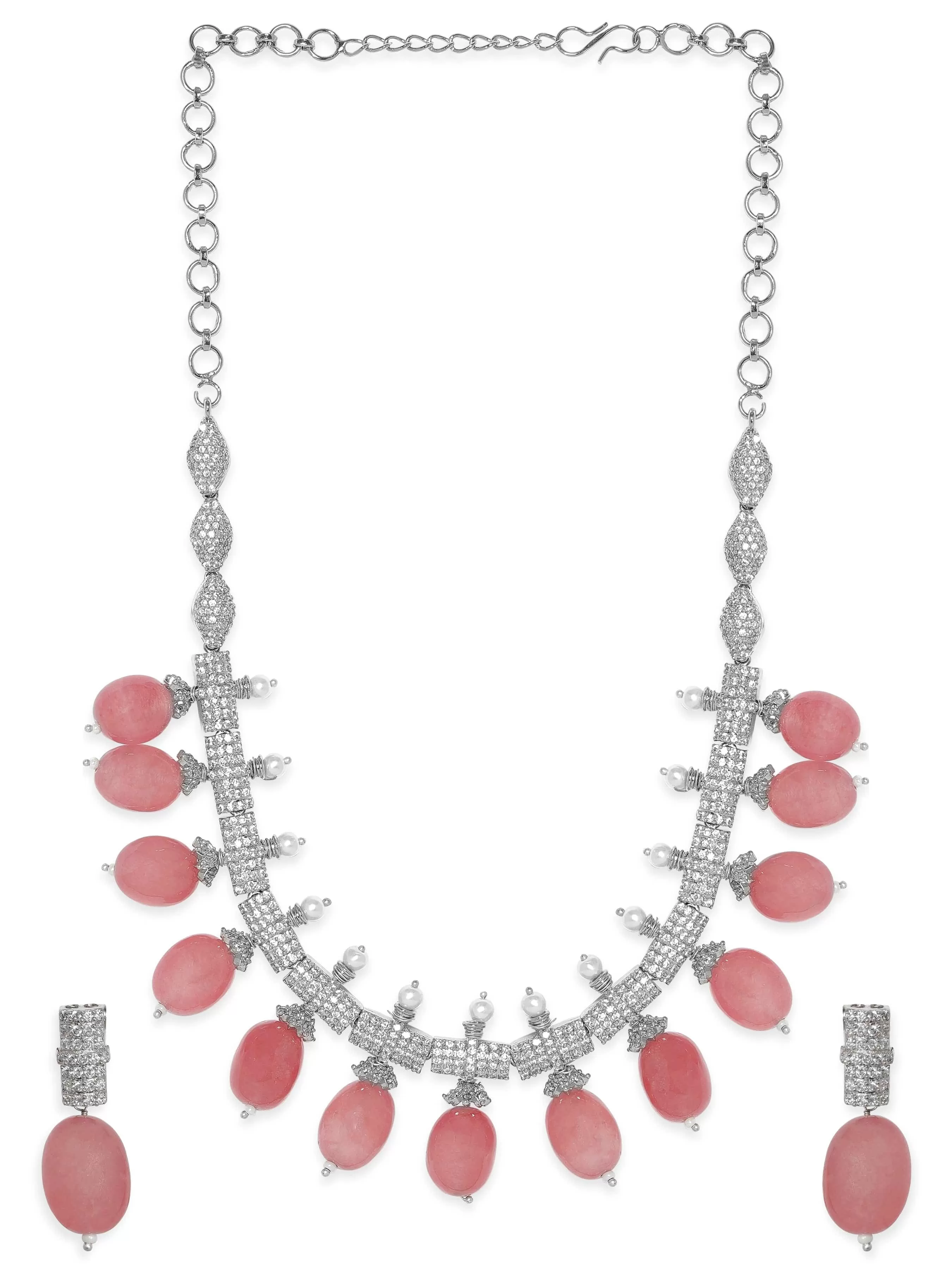 Rubans Rose Petal Elegance: Pink Beaded AD Necklace Set