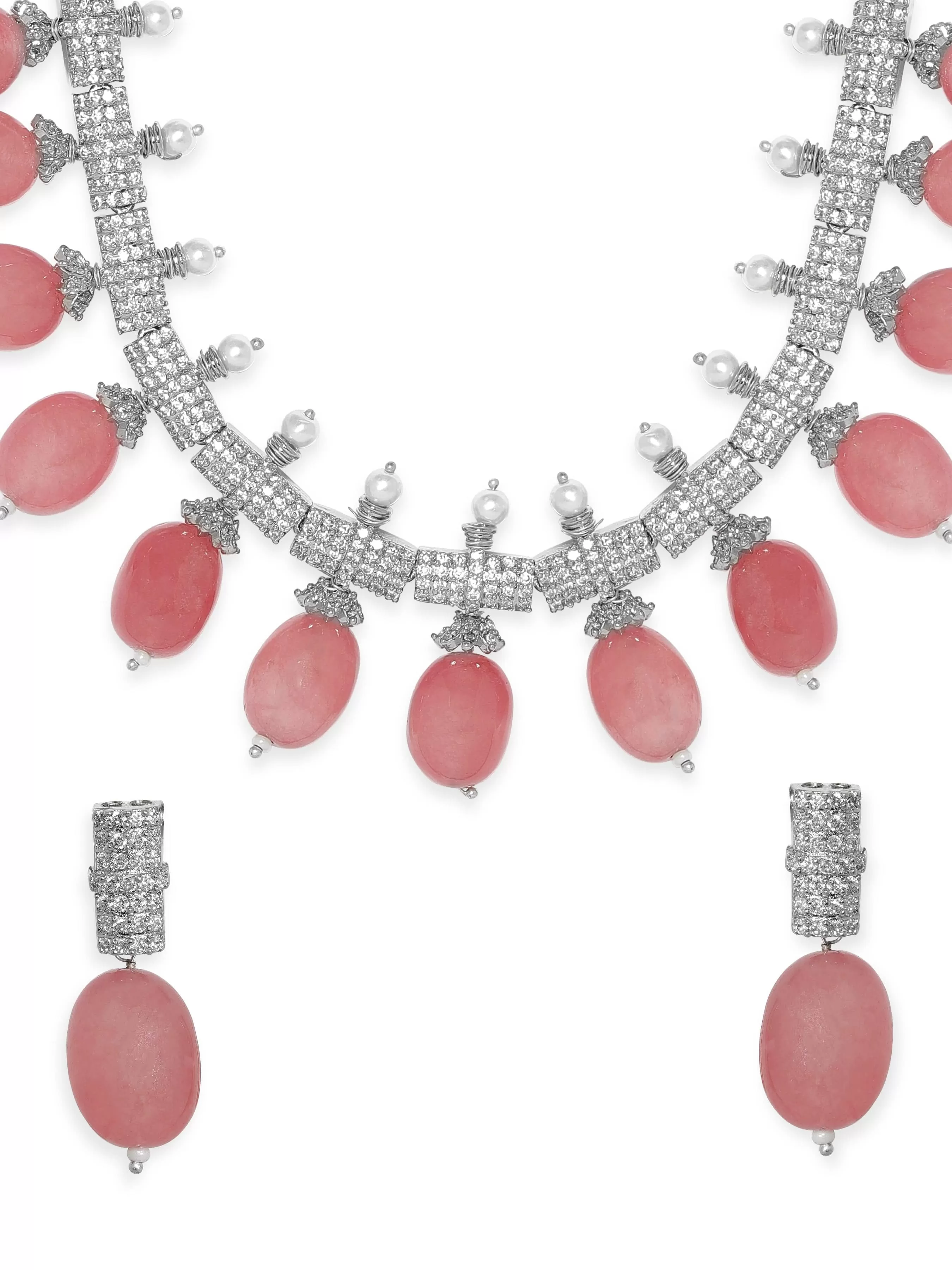 Rubans Rose Petal Elegance: Pink Beaded AD Necklace Set