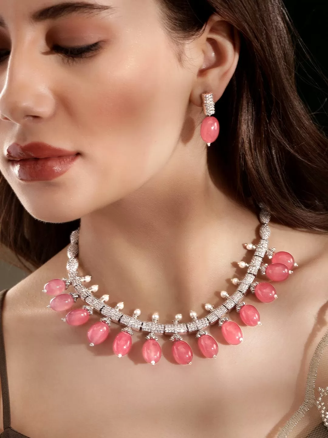 Rubans Rose Petal Elegance: Pink Beaded AD Necklace Set