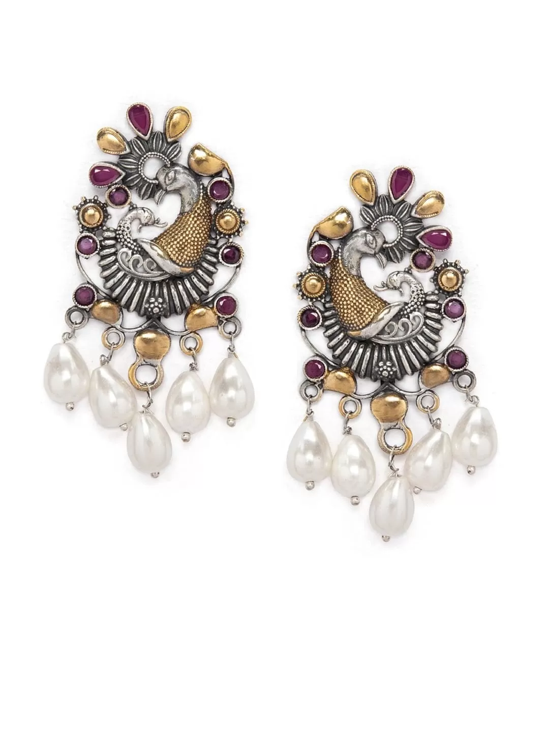 Rubans Silver-Plated & Gold-Toned Peacock Shaped Drop Earrings