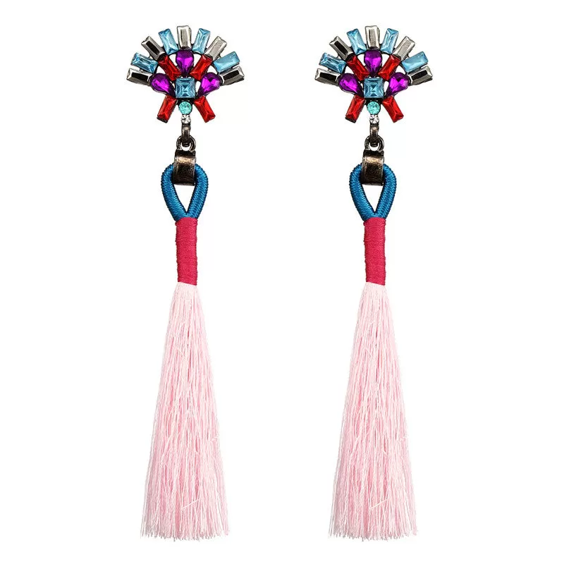 Sector Shape Crystal Tassel Drop Earrings - 7 Colors