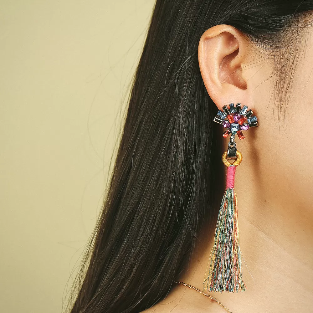 Sector Shape Crystal Tassel Drop Earrings - 7 Colors