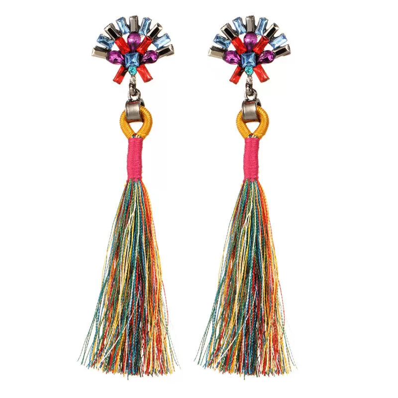 Sector Shape Crystal Tassel Drop Earrings - 7 Colors