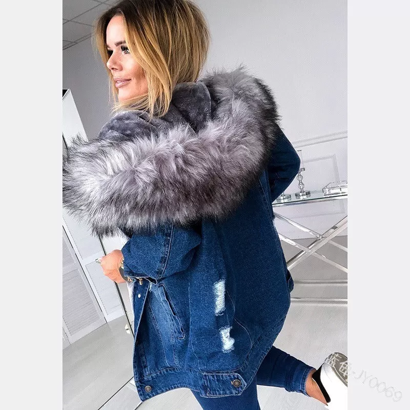 Slim Fit Fleece Lined Faux Fur Hooded Denim Jacket for Women (4 colors)