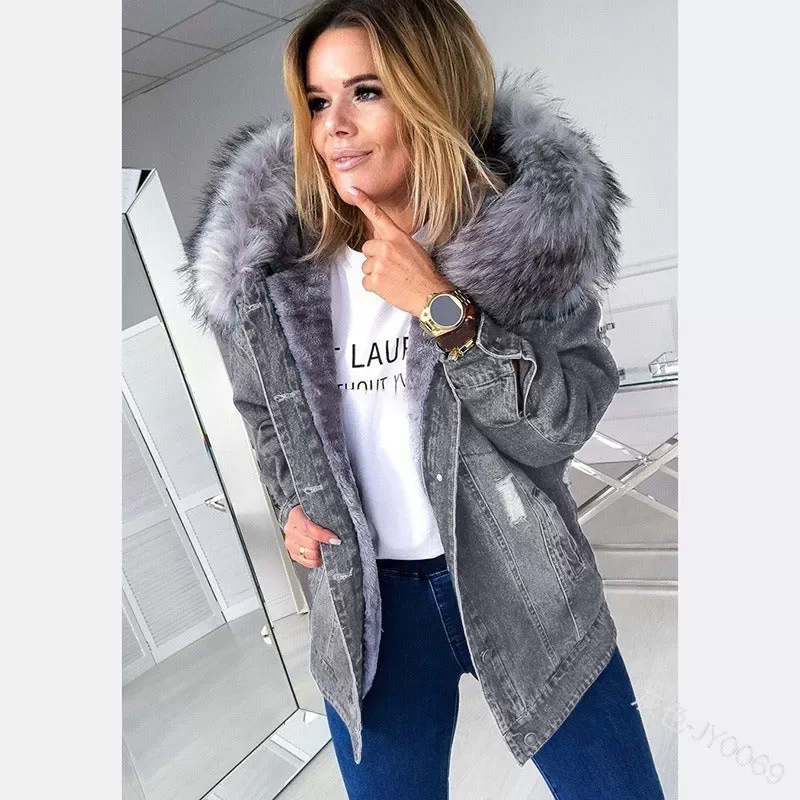 Slim Fit Fleece Lined Faux Fur Hooded Denim Jacket for Women (4 colors)