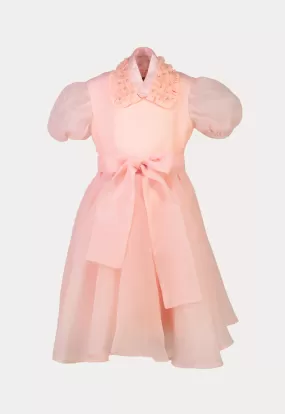 Solid Organza Box Pleated Self Tie Party Dress