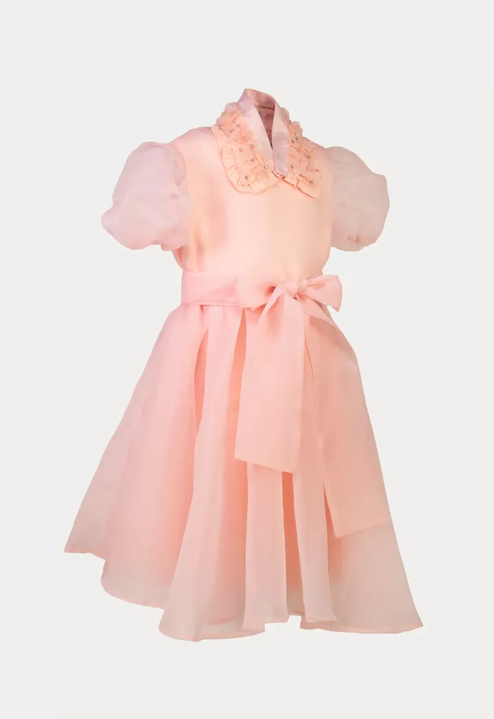 Solid Organza Box Pleated Self Tie Party Dress