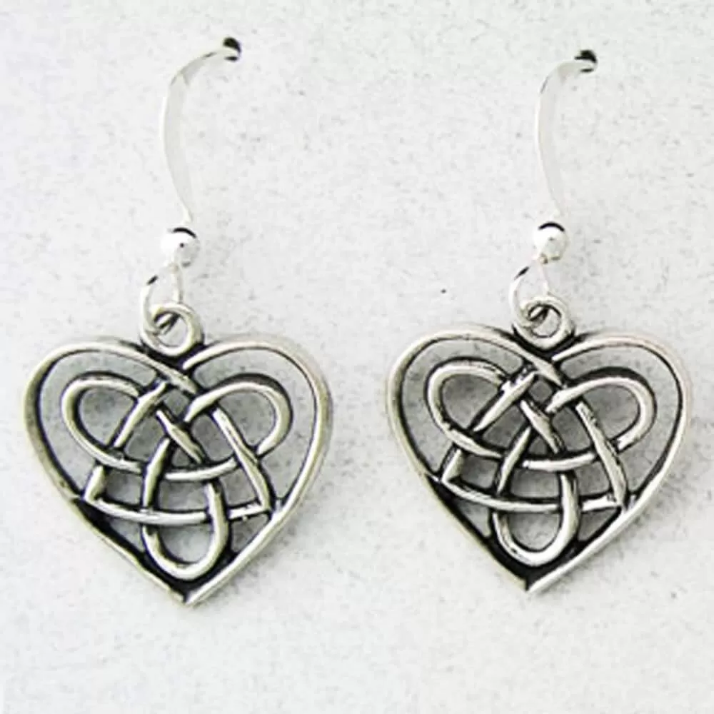 Sterling Silver Celtic Knotwork Heart Earrings Solid Silver Heart Shaped Drop Earrings