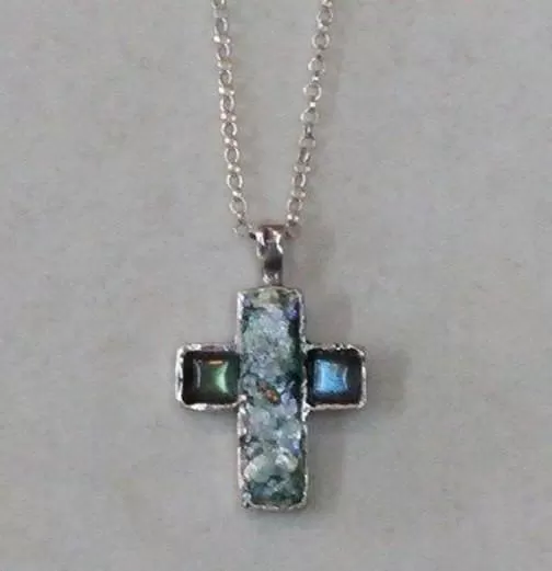 Sterling Silver Cross Pendant for Woman. Holy Land Roman glass, silver and Gemstones