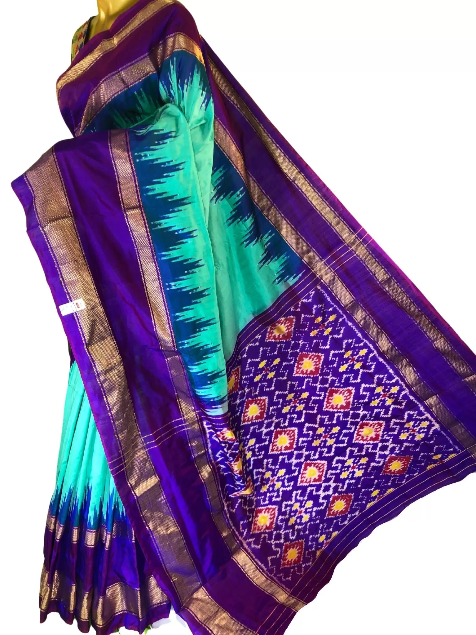 Turquoise Green Color Ikat Silk Saree