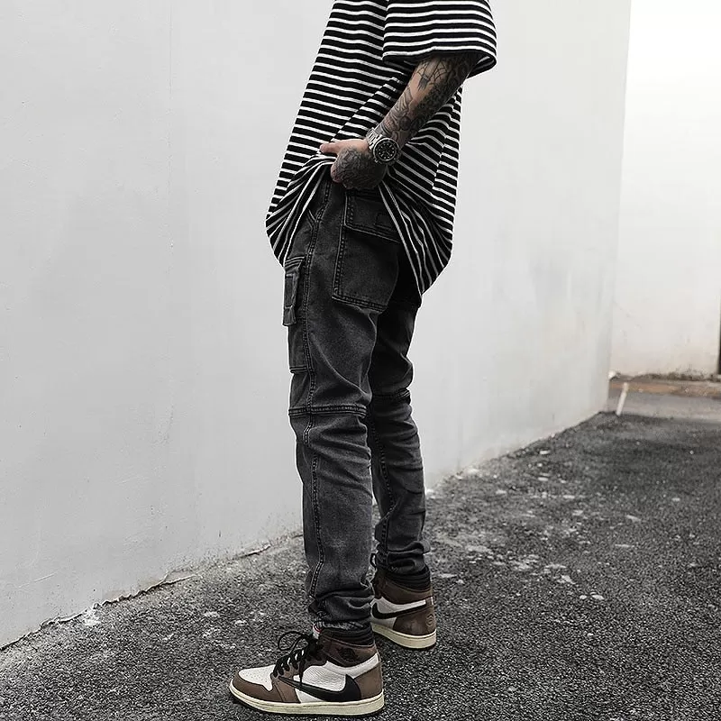 WASHED DENIM CARGO PANTS - BLACK