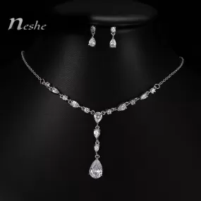 White CZ Crystal Water Drop Luxury Necklace Set