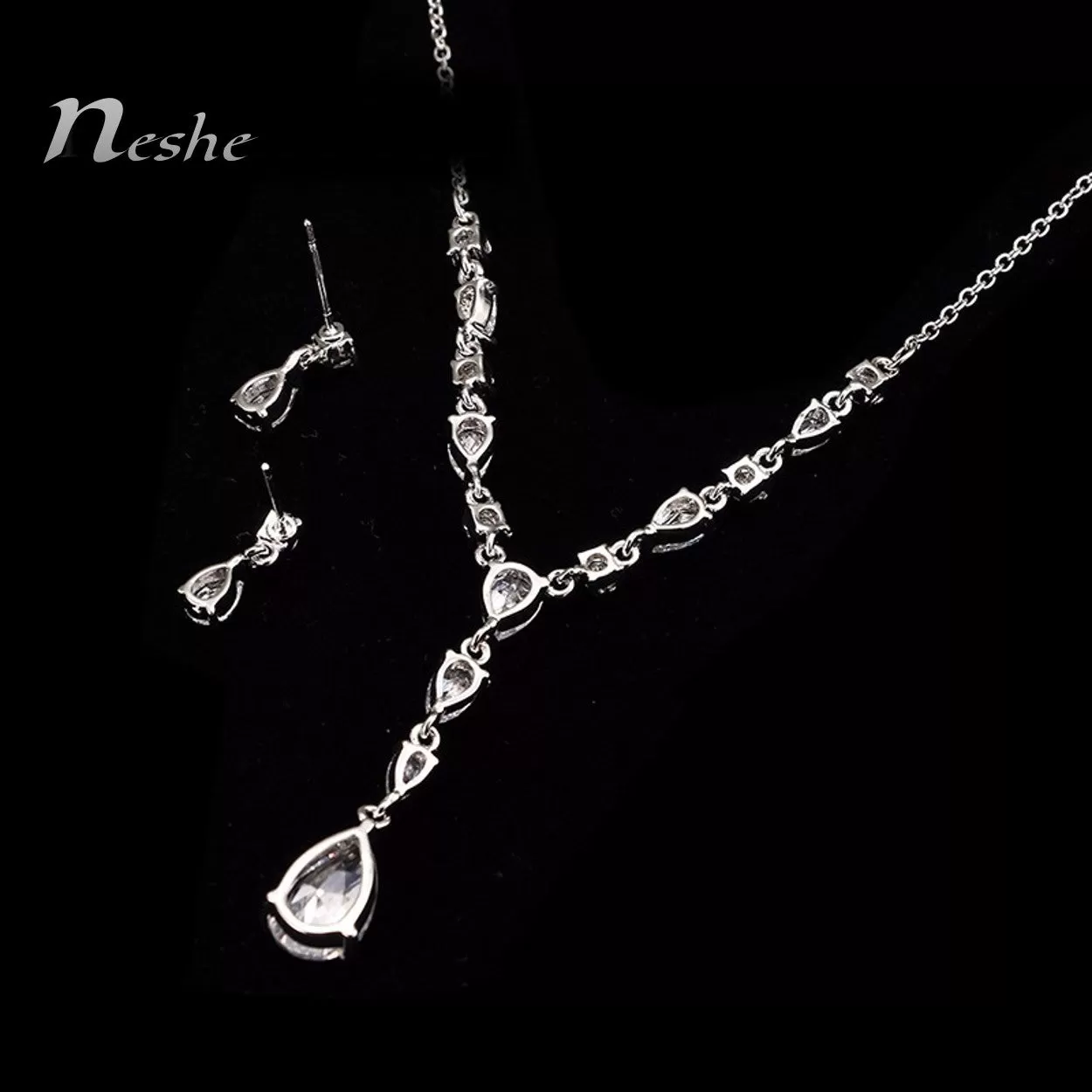 White CZ Crystal Water Drop Luxury Necklace Set