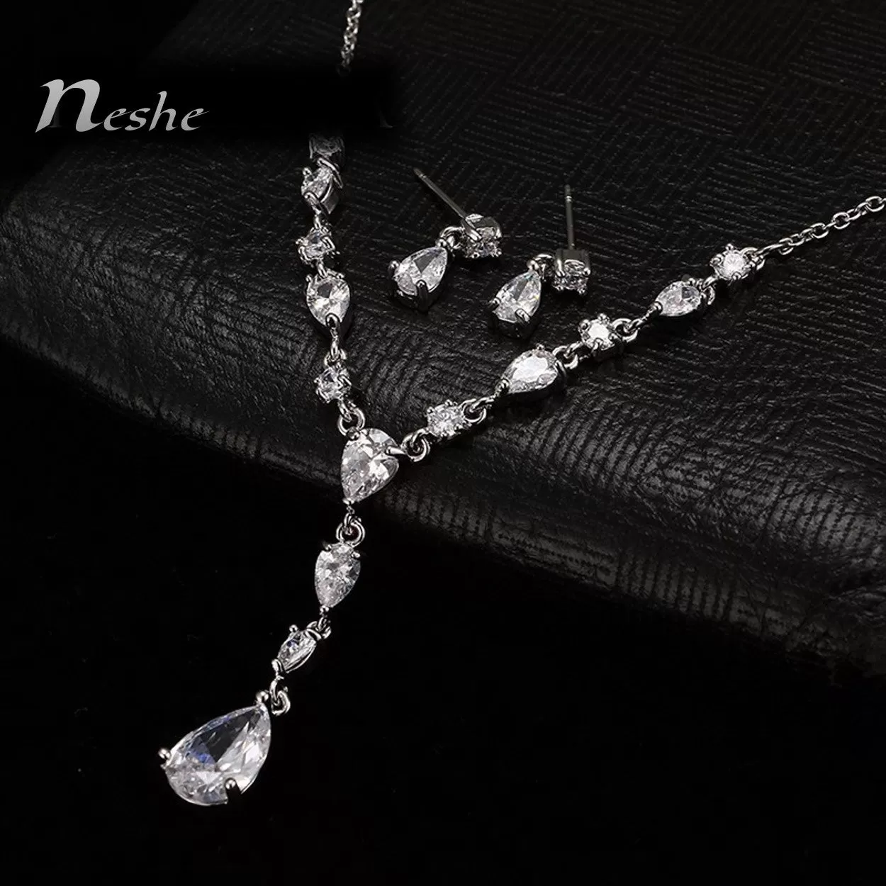 White CZ Crystal Water Drop Luxury Necklace Set