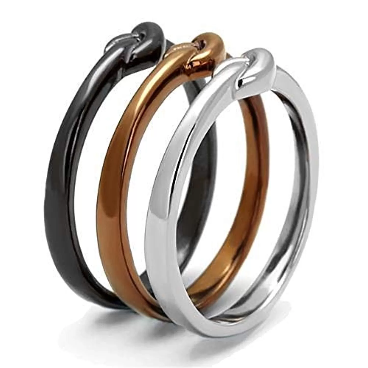 WildKlass Stainless Steel Ring Three Tone IP（IP Light Coffee & IP Light Black & High Polished Women