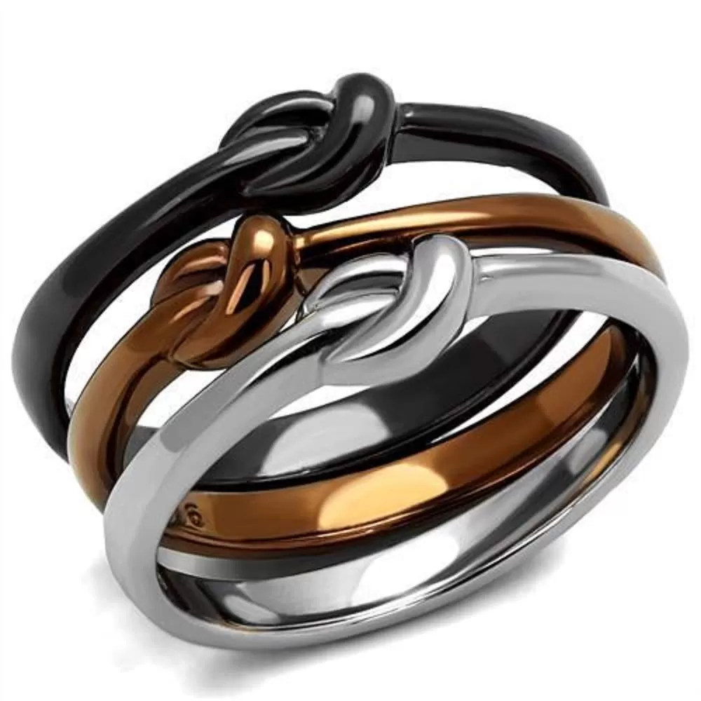 WildKlass Stainless Steel Ring Three Tone IP（IP Light Coffee & IP Light Black & High Polished Women