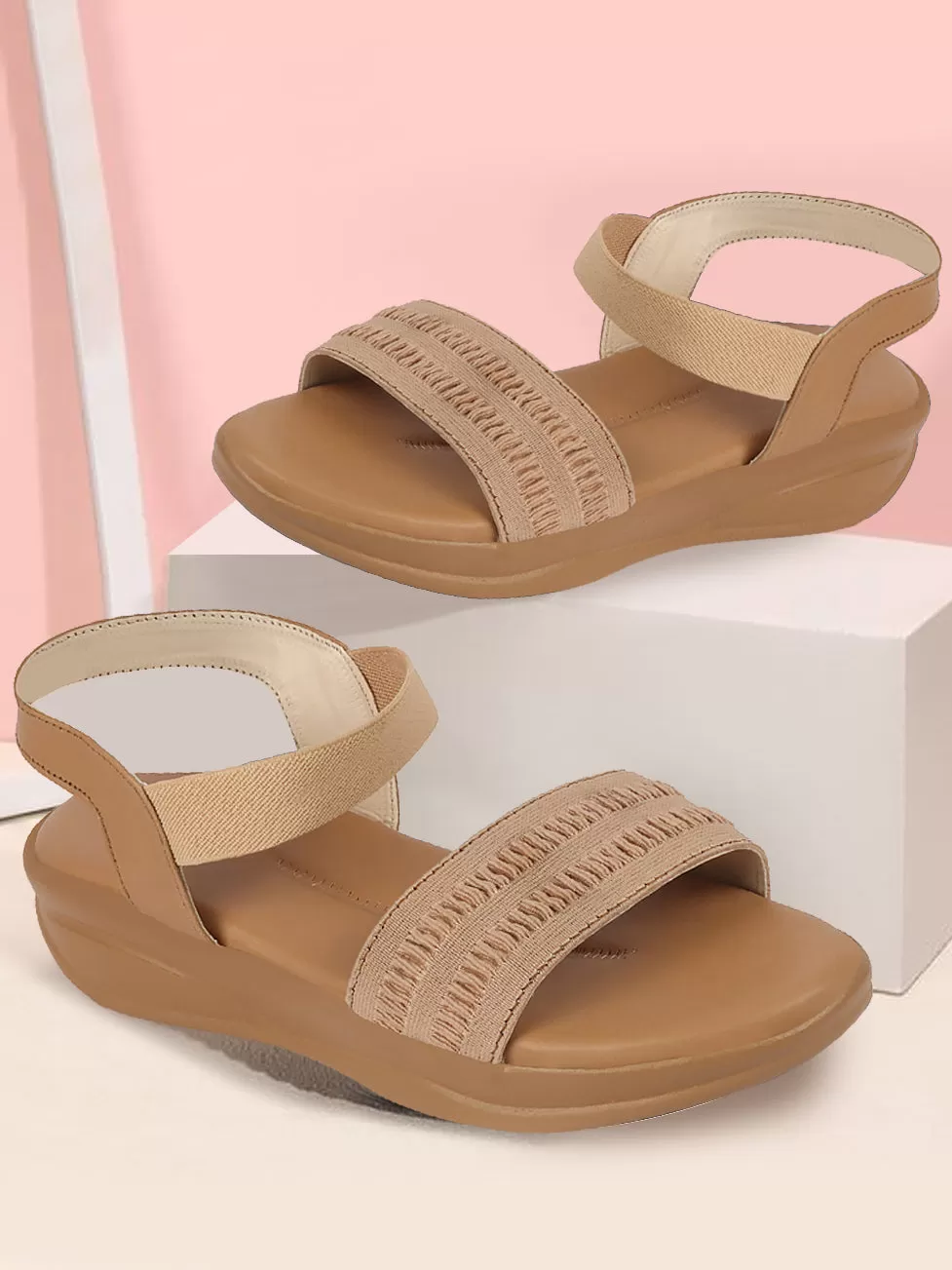 Women Camel Open Toe Platform Woven Design Slip On Sandals